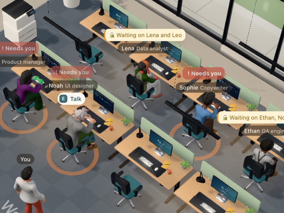 The desks: the crew at work, with who they're waiting on above their heads