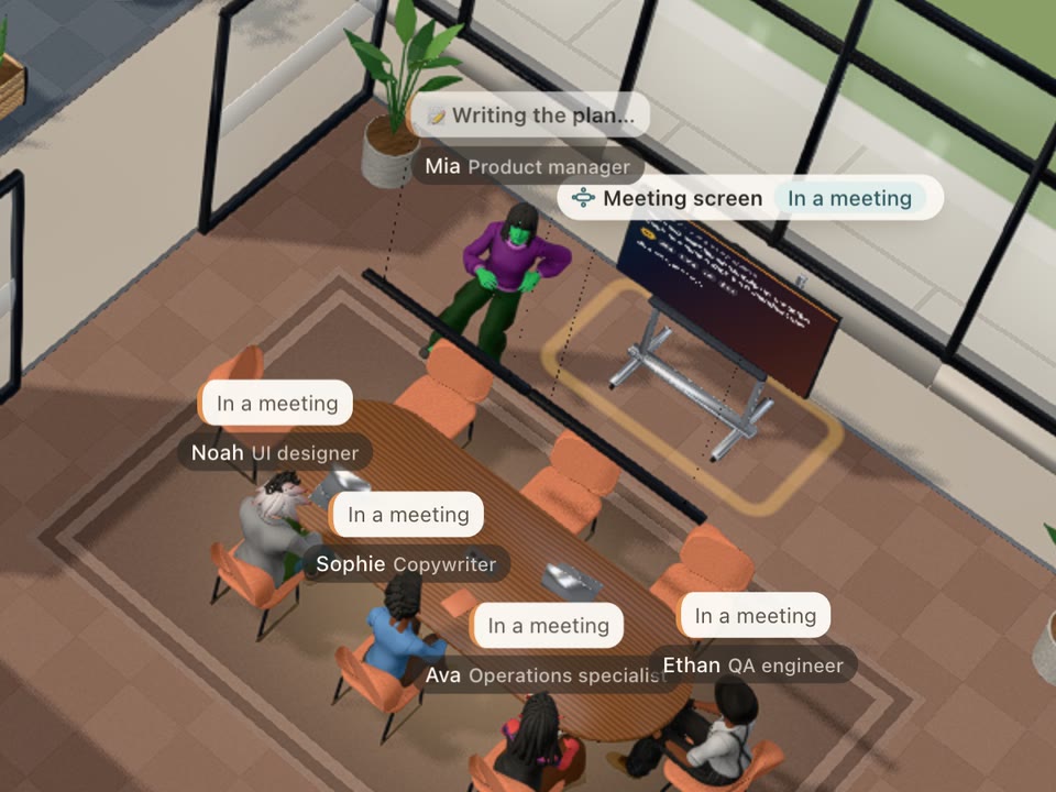 The meeting room: the host by the big screen, everyone around the table marked In a meeting