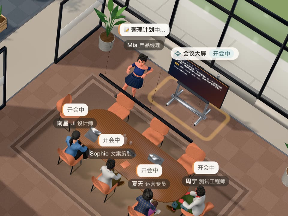 会议区：大屏旁站着主持人，大家围着长桌，头顶都是「开会中」