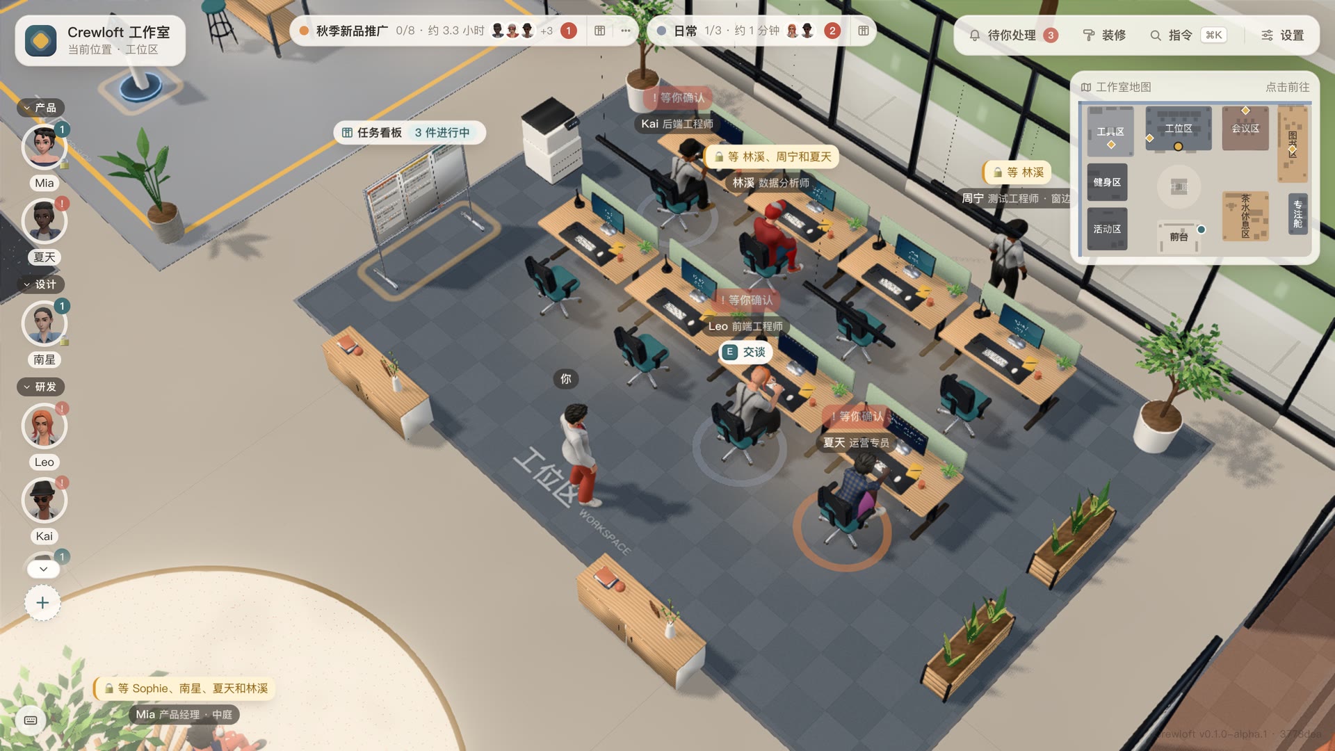 工作室全景：八个项目，一屋子员工，头顶都是状态